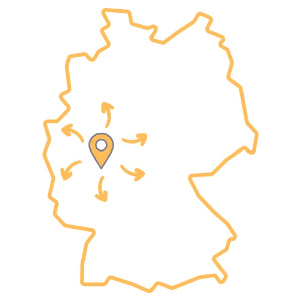 Karte von Deutschland mit einer Markierung des EInsatzgebietes des Unternehmens